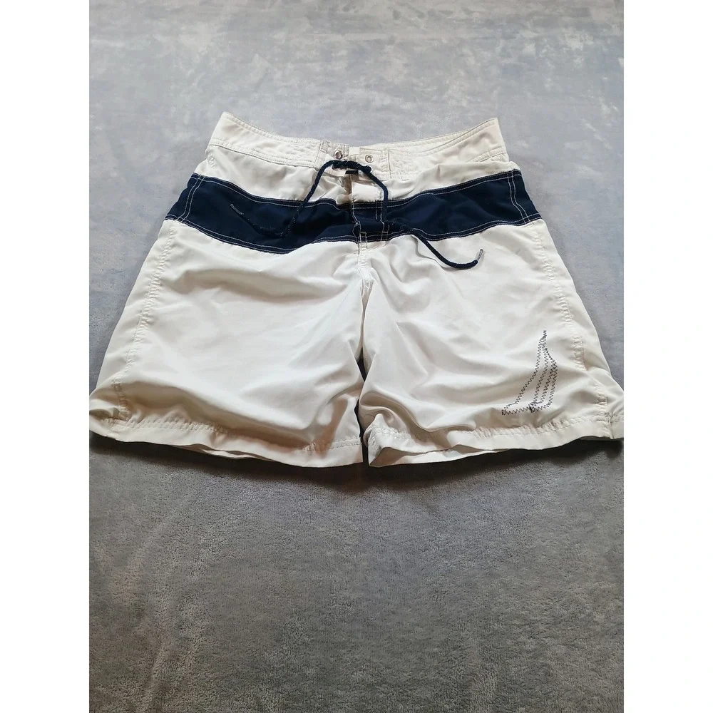 Nautica Mens Board Shorts White Navy 32W‎ Colorblock Swim Trunks